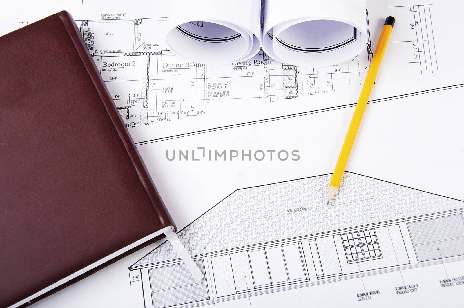 pencil, diary, blueprints on desktop by adam121