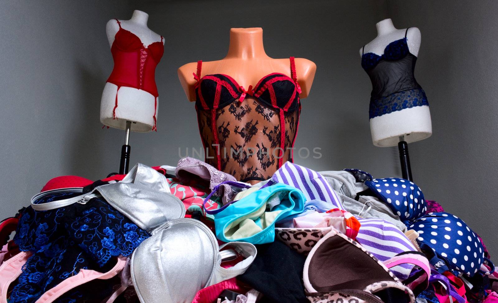 Different female mannequin torso with sexy lingerie surrounded by numerous bra