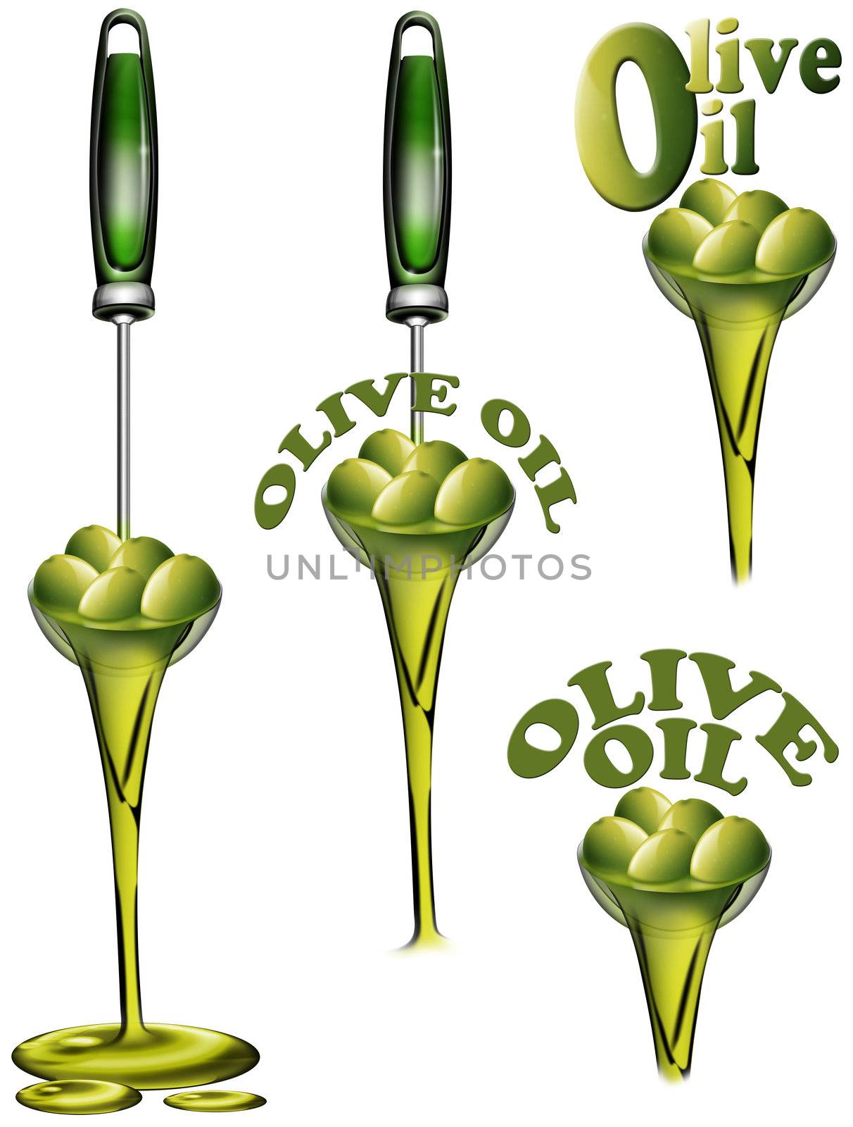 4 illustrations with ladle full of olives and olive oil flow
