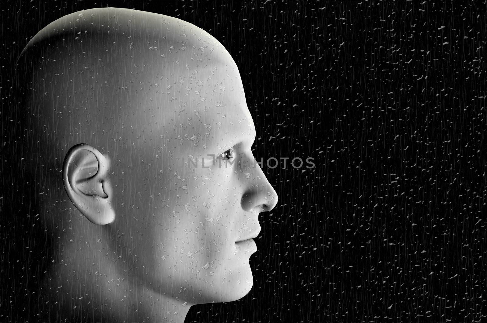 Male figure behind window glass in the pouring rain. Digitally created illustration.