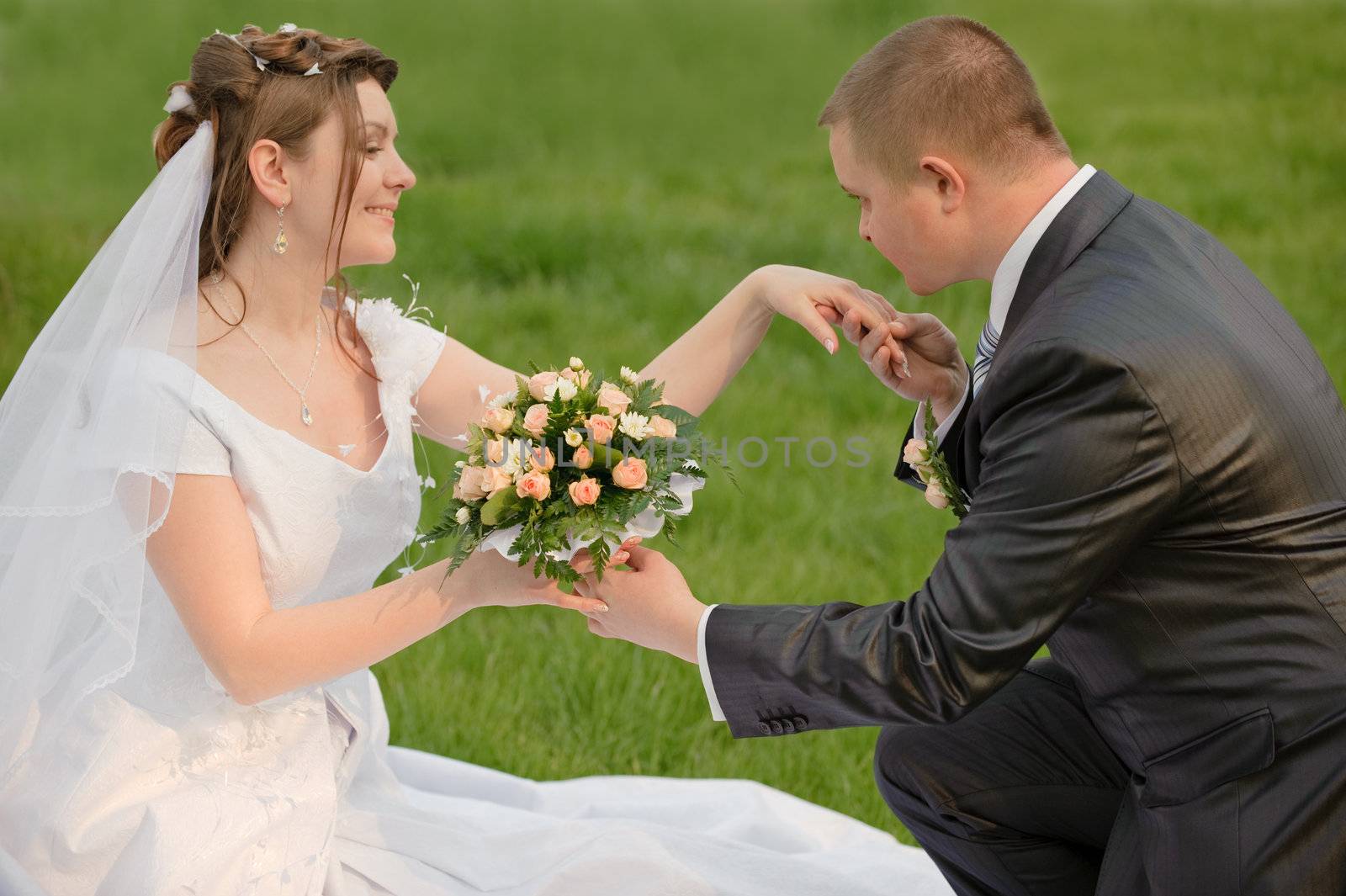 Newly-married couple. Pair young men in wedding day