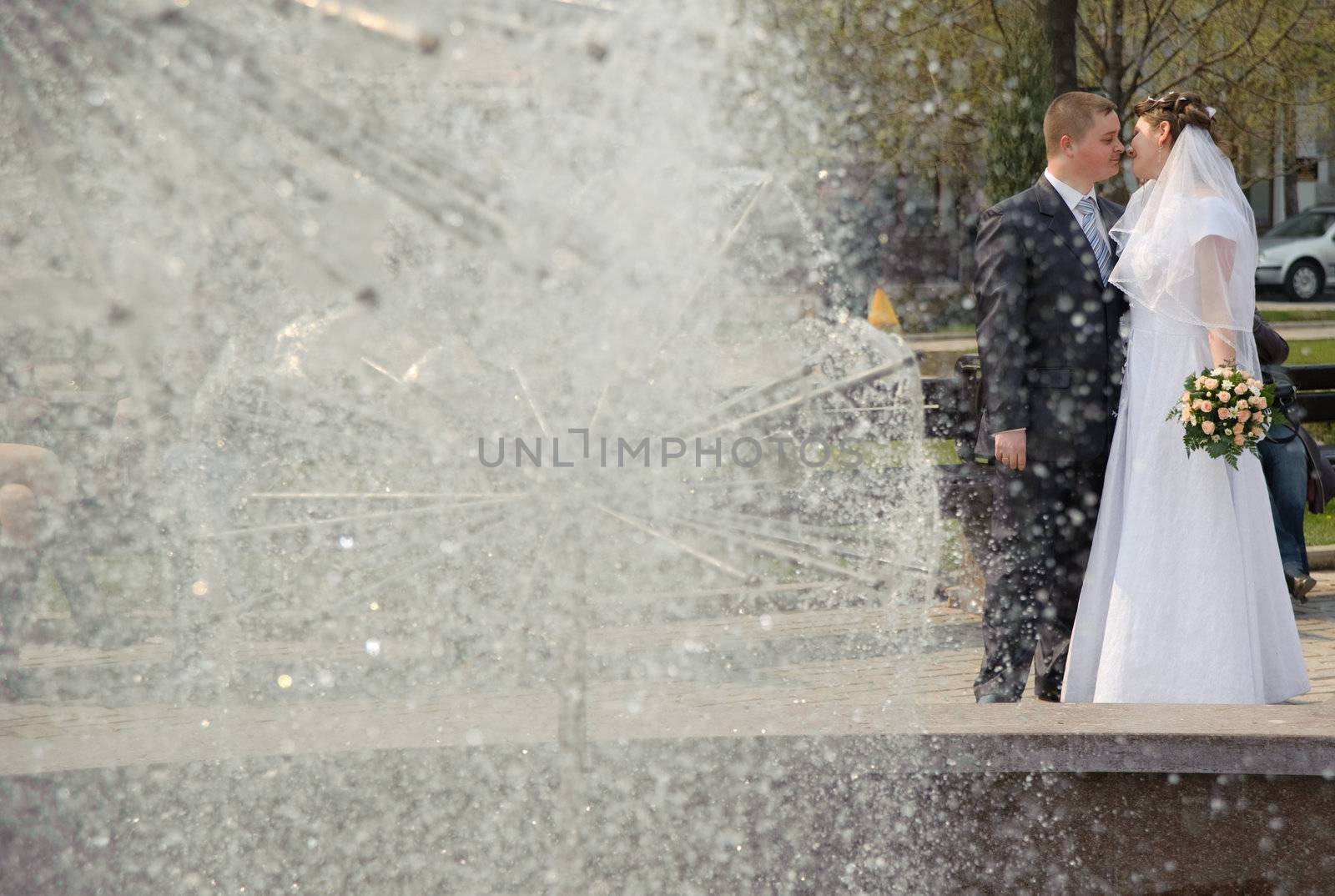 Newly-married couple. Pair young men in wedding day