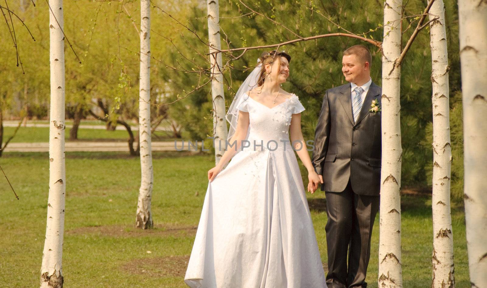 Newly-married couple. Pair young men in wedding day