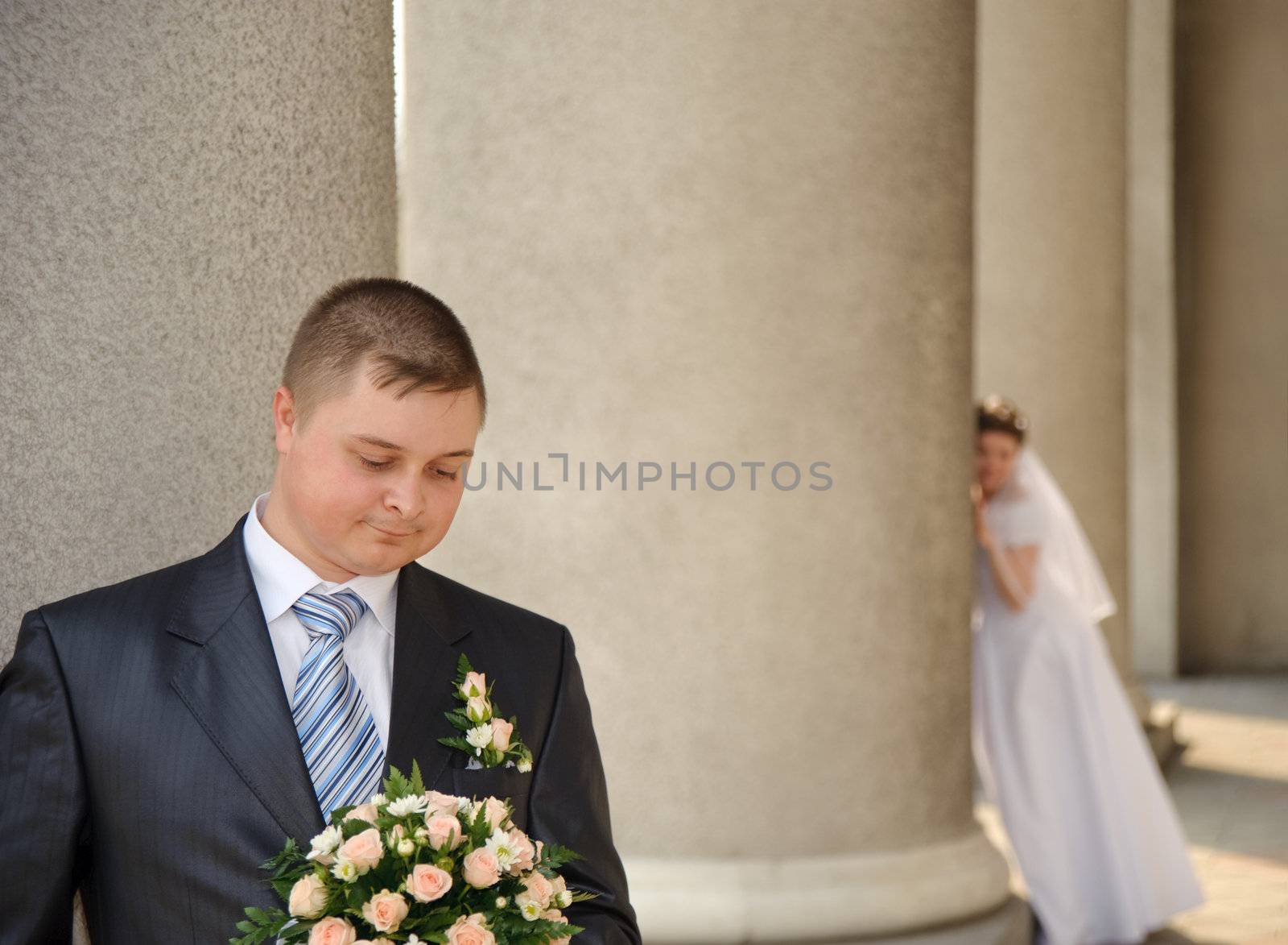 Newly-married couple. Pair young men in wedding day