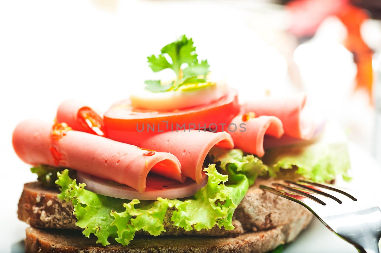 Brown bread with chili sausage slices green salad tomato and egg