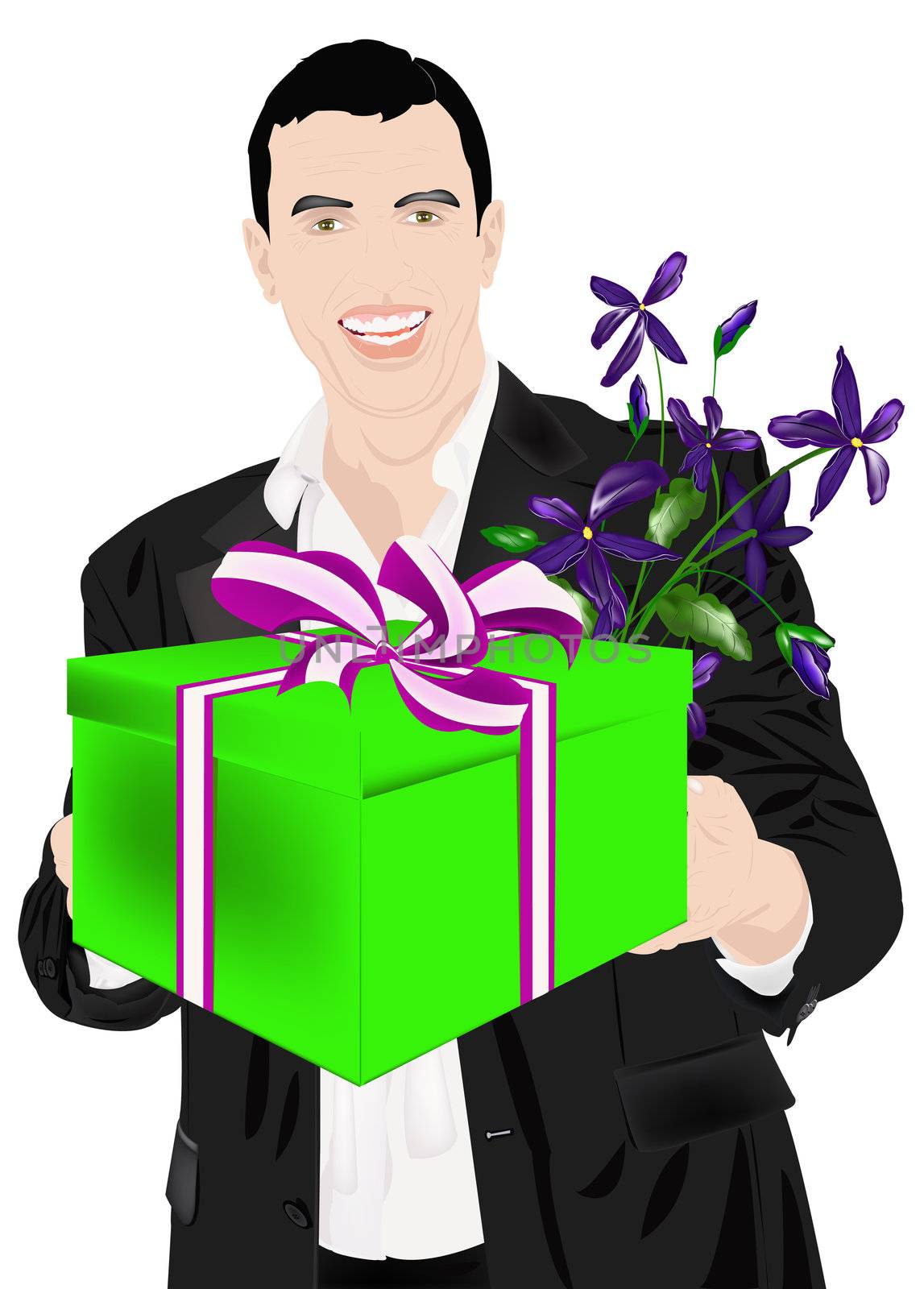The enamoured elegant man gives a gift for favourite and a beautiful bunch of flowers 