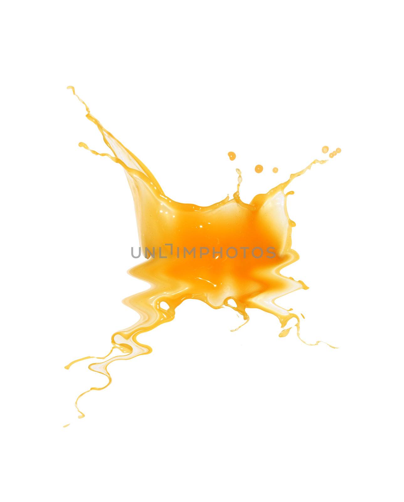 Closeup of splashing orange beverage on white background