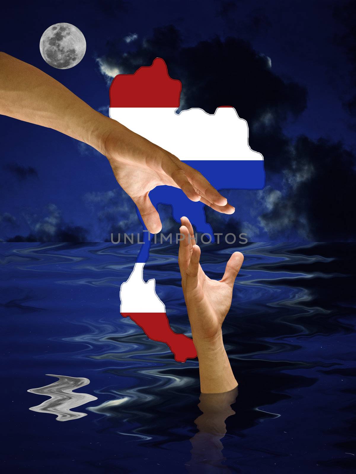 Hand rescue drown hand with Thailand symbol and night sky