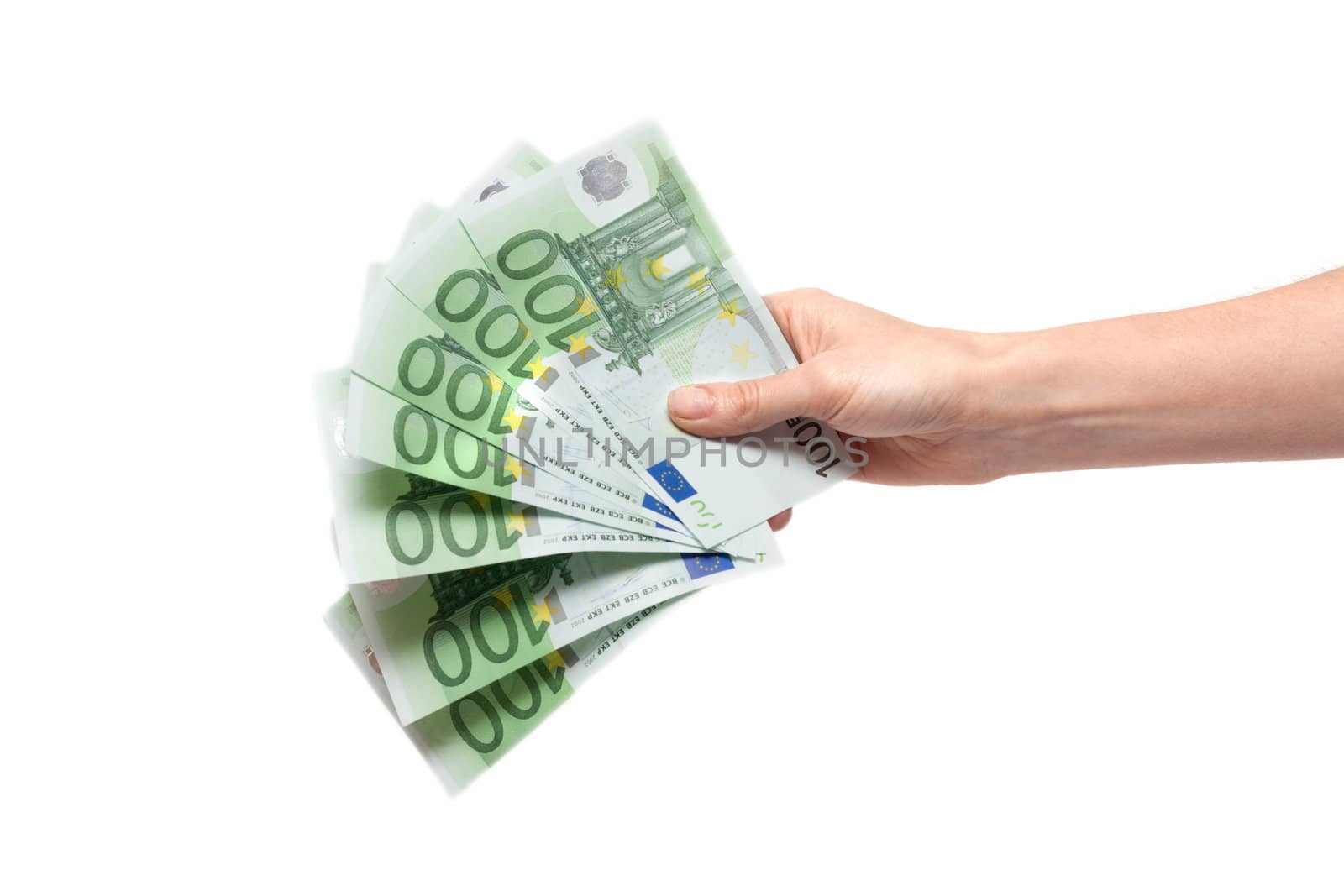 Several bills on one hundred euro in feminine hand