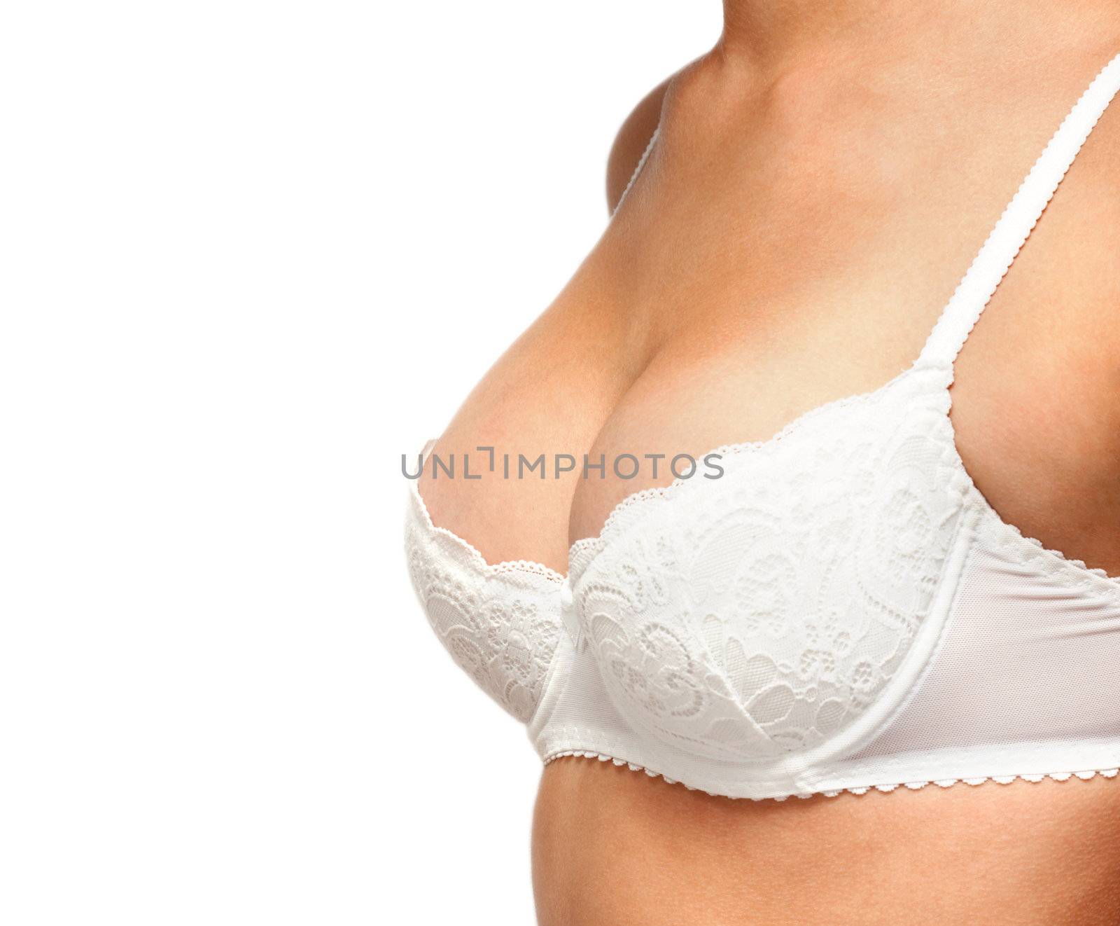 Bust of the young girl in bra on white background