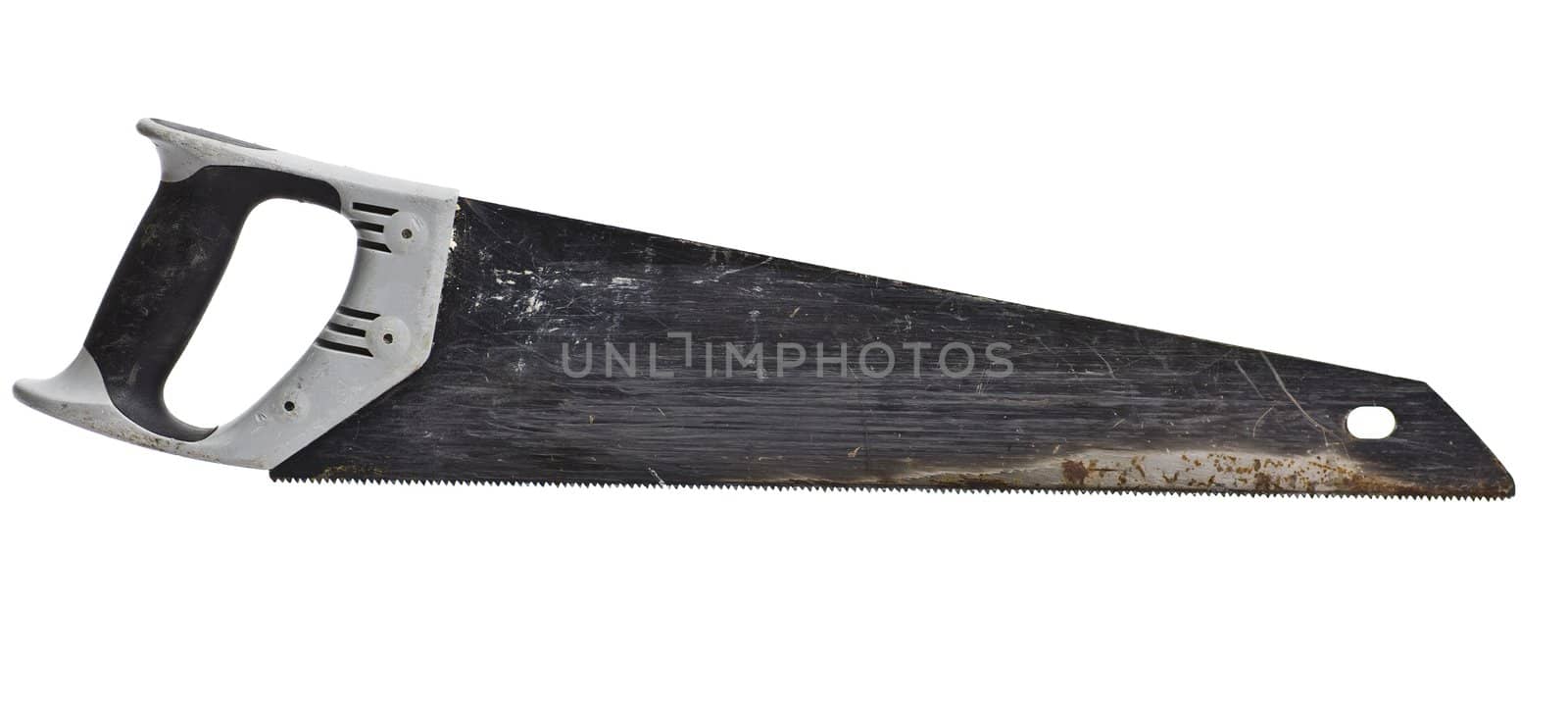 used hand saw with plastic handle on white background