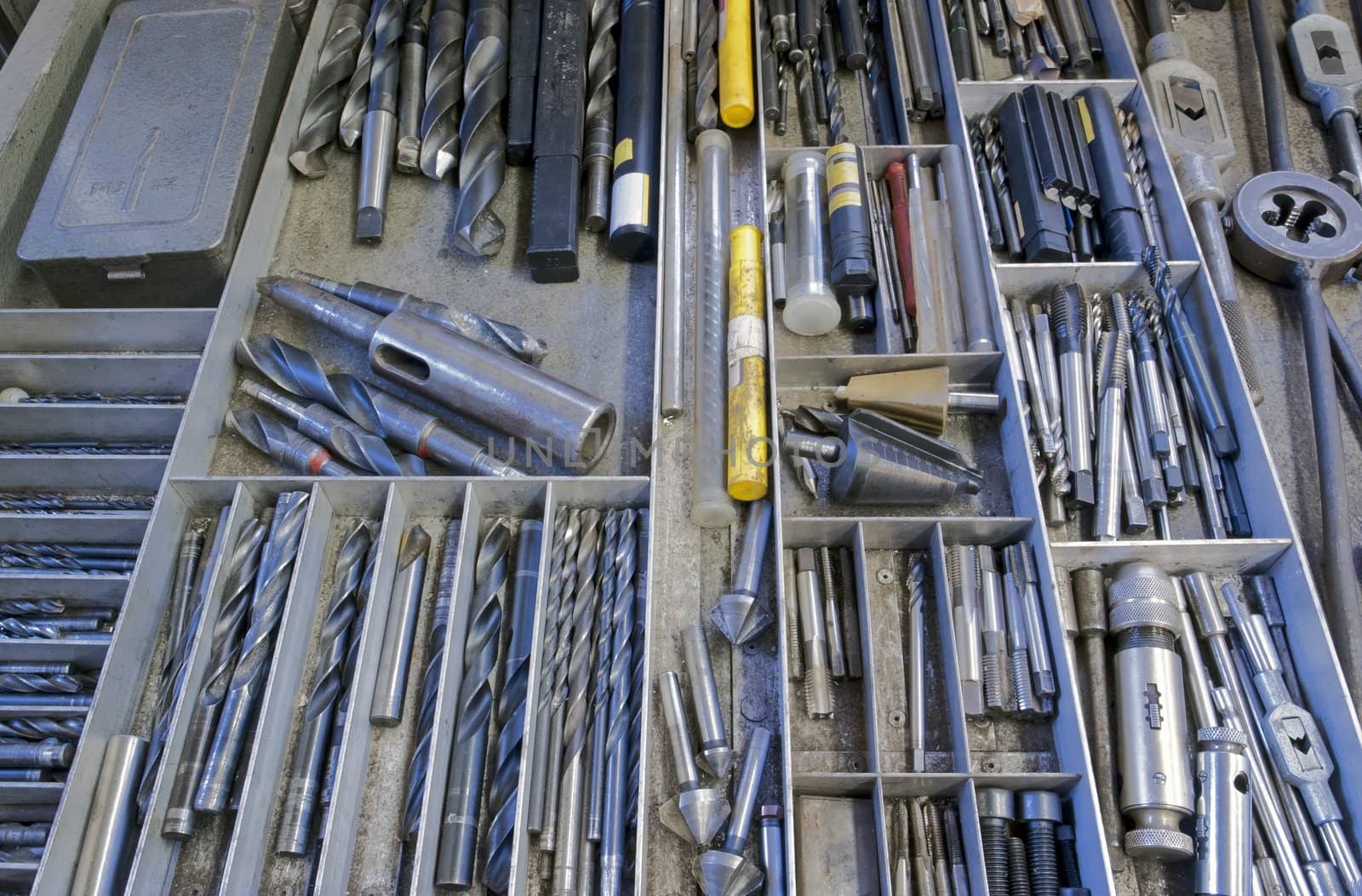 drill, screwplate, threader, reamer and other tools in drawer