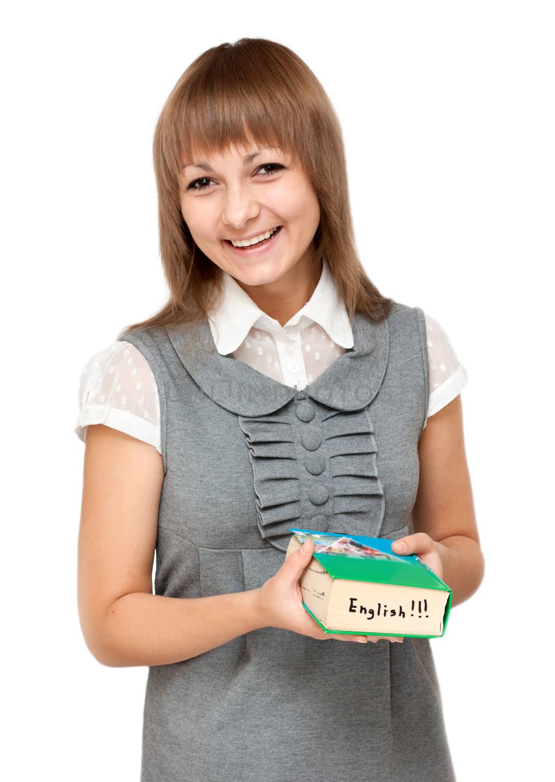 Young girl with dictionary english on white background