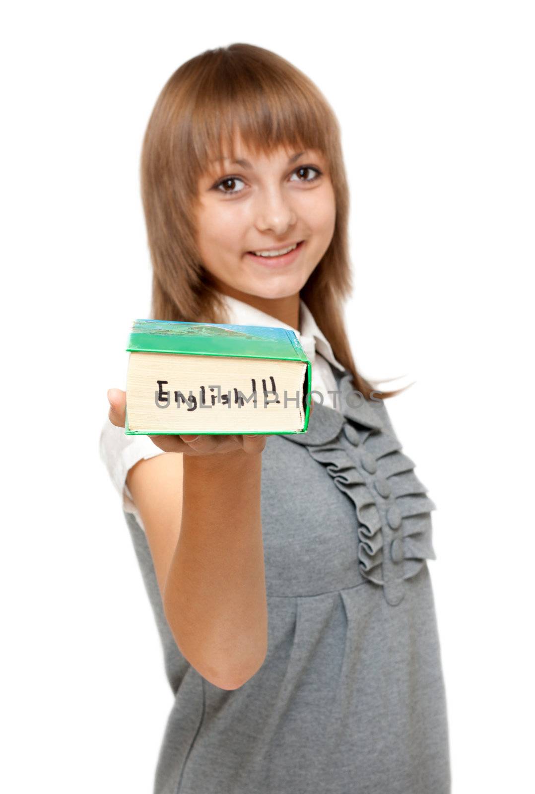Young girl with dictionary english on white background