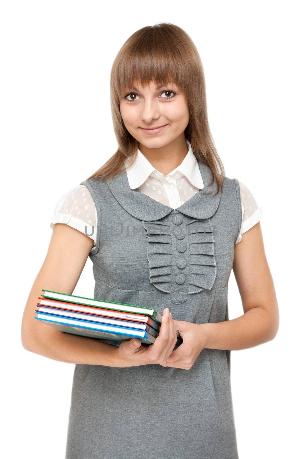Young girl with book in hand on white background