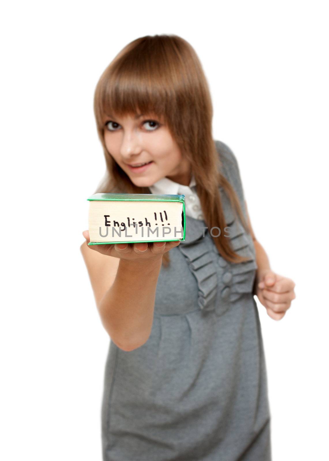Young girl with dictionary english on white background