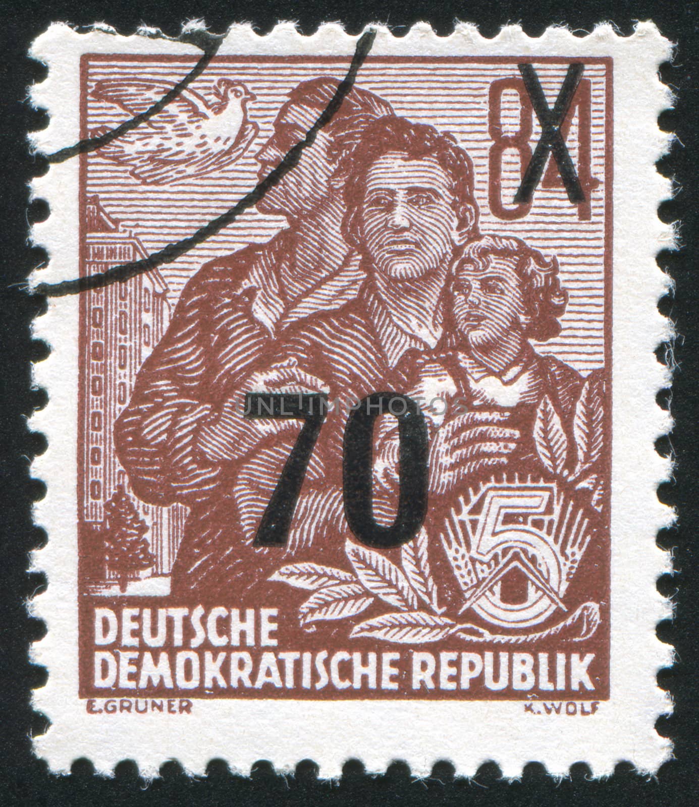 GERMANY - CIRCA 1953: stamp printed by Germany, shows Dove and East German family, circa 1953