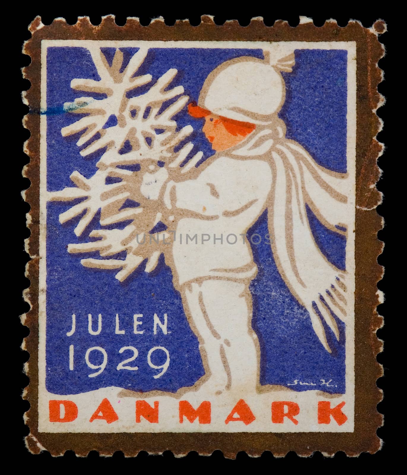 Vintage cancelled postage stamp with Christmas illustration. Denmark, 1929.