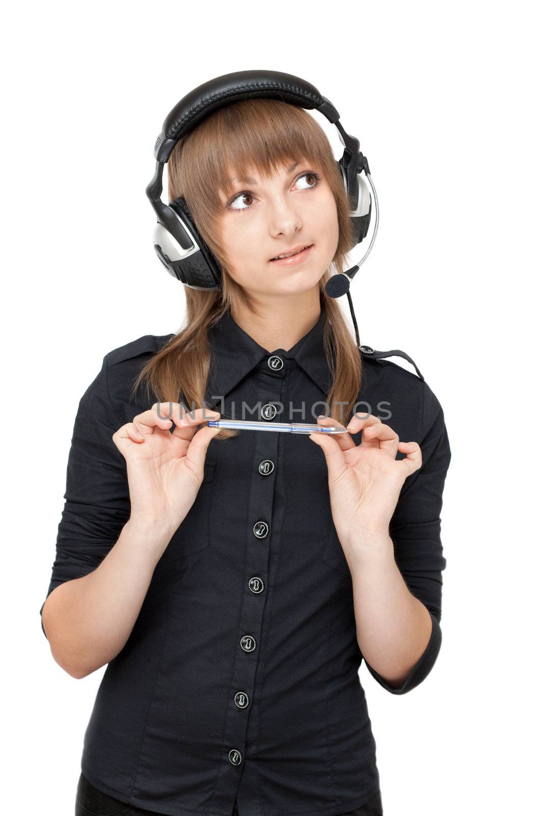 Beautiful girl in earphone and black shirt on white background