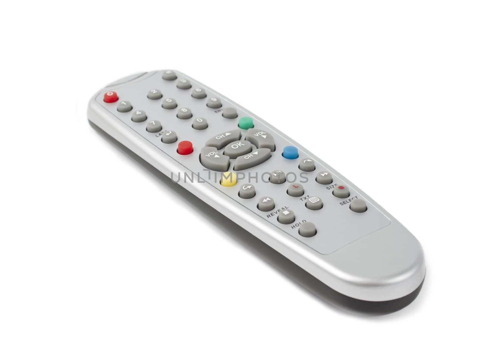 plastic remote control with colored buttons. The control is used for a television.