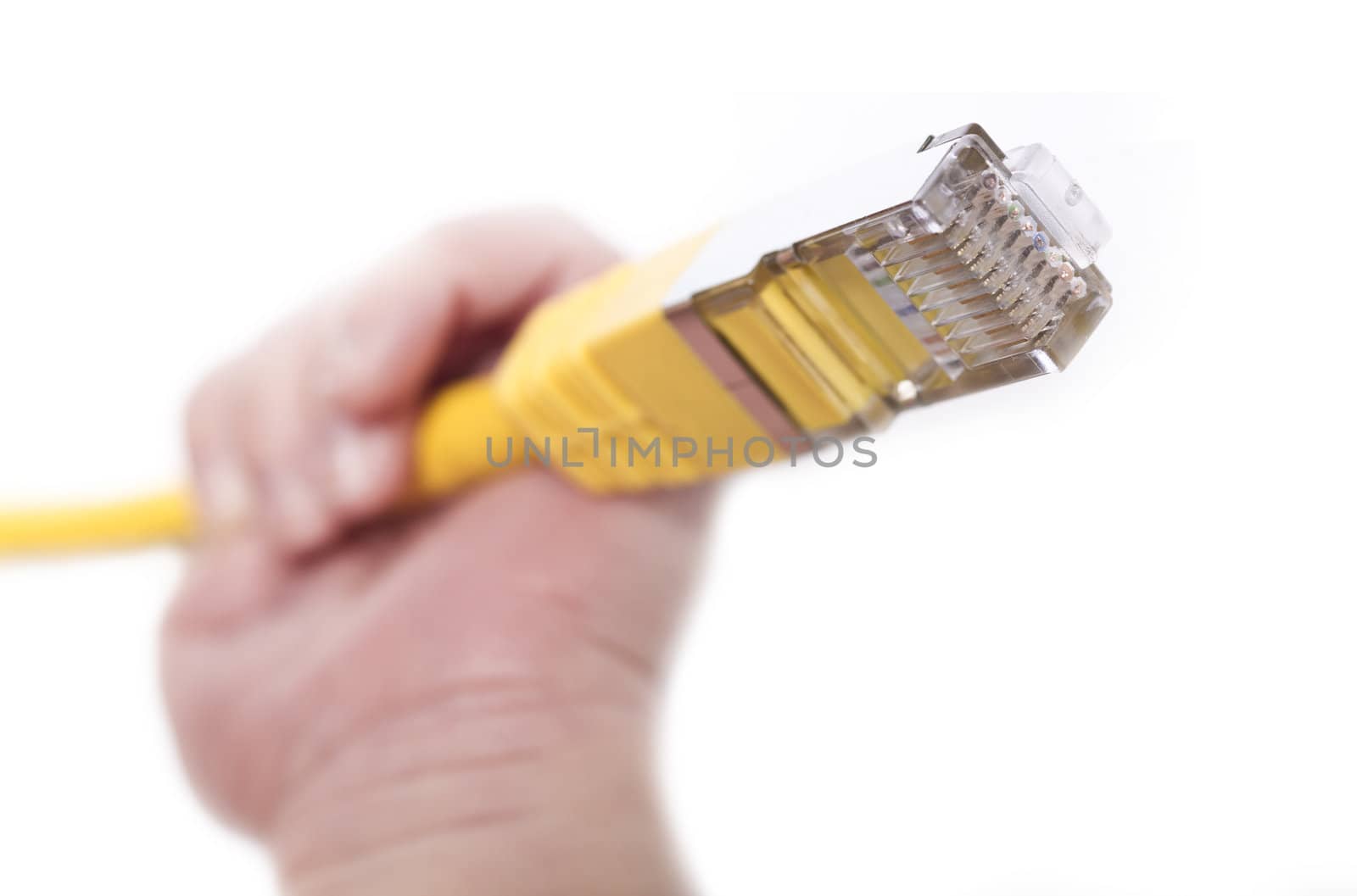 yellow network cable in babys hand. focus on plug. white background
