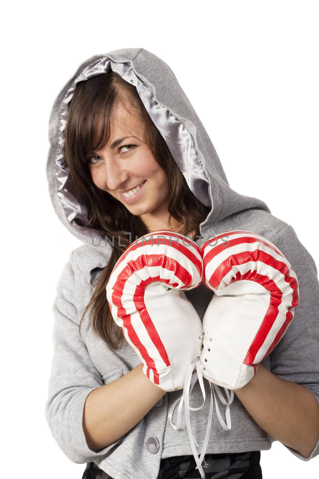 Girl shows a heart with boxing gloves