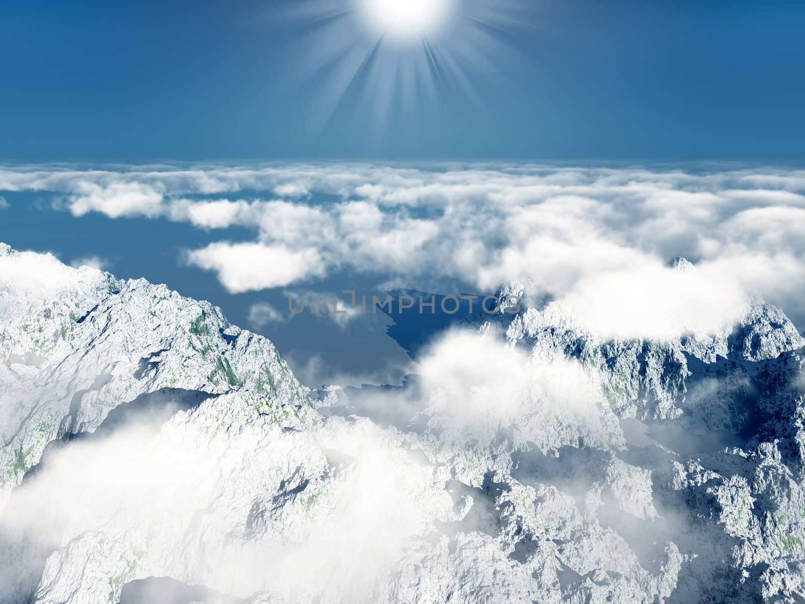 Mountains and clouds.  Overcast, the top view