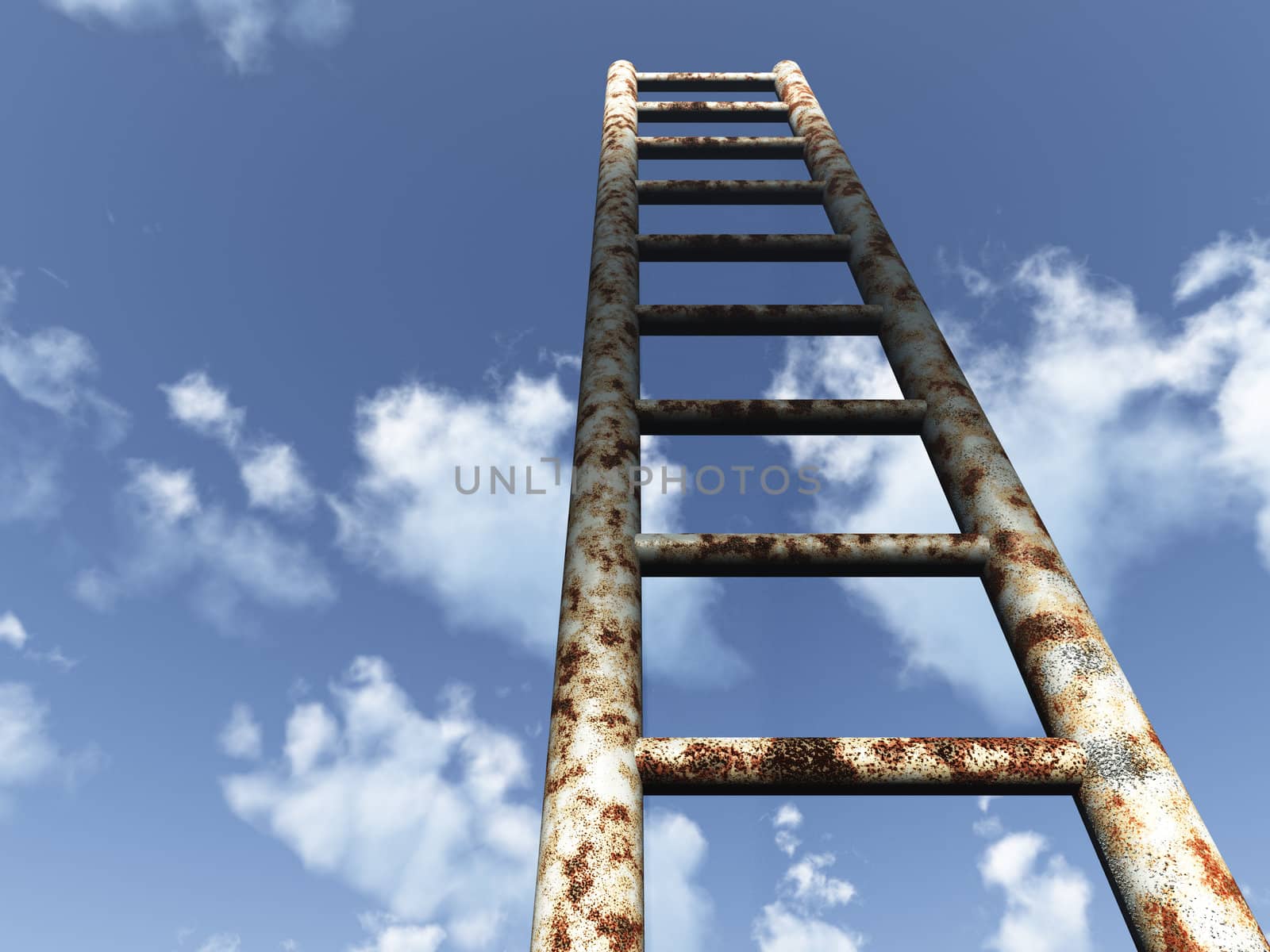 Ladder in the sky. An iron rusty ladder on a background of the blue sky