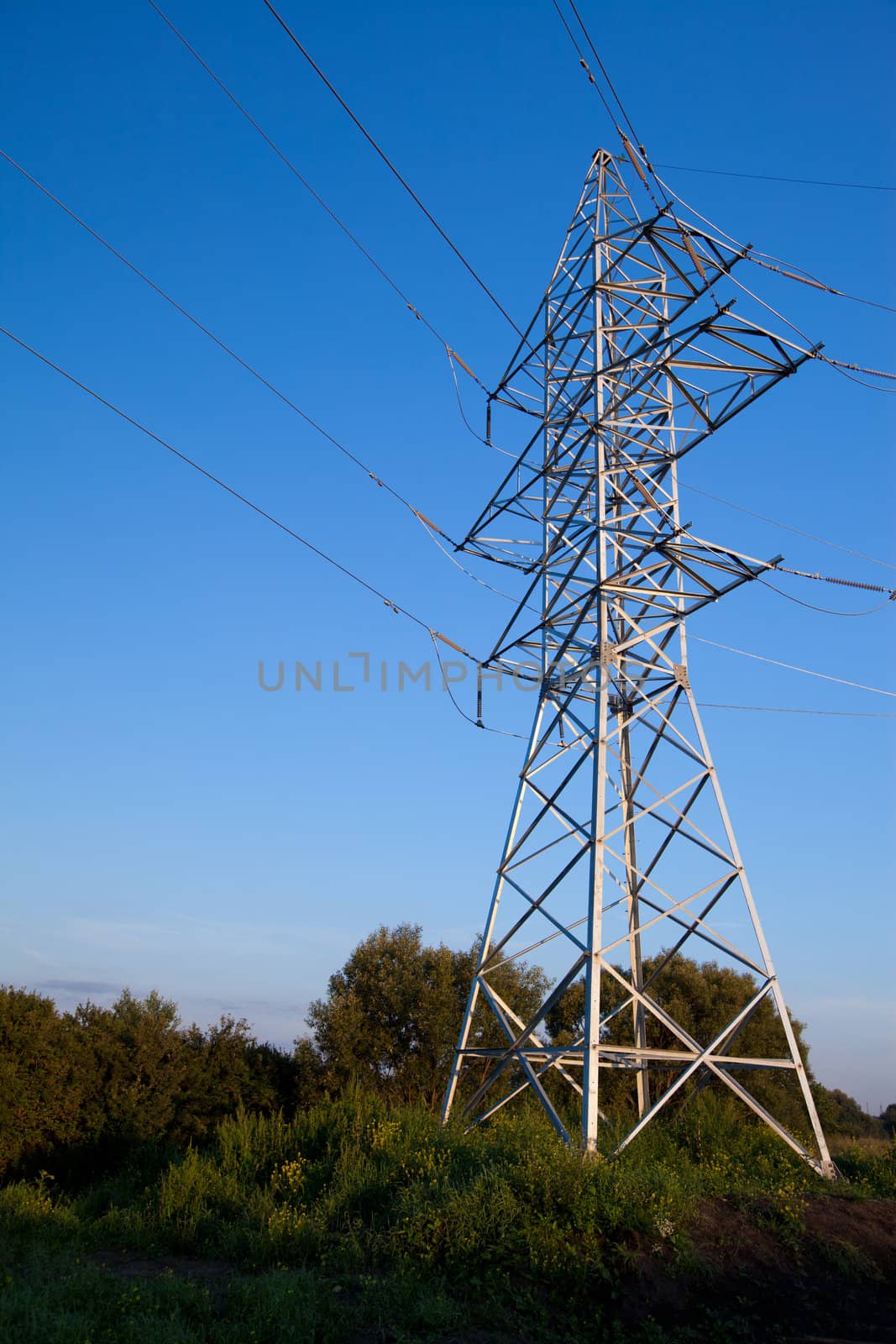 New electric power lines tower in a swampy field over blue morning sky