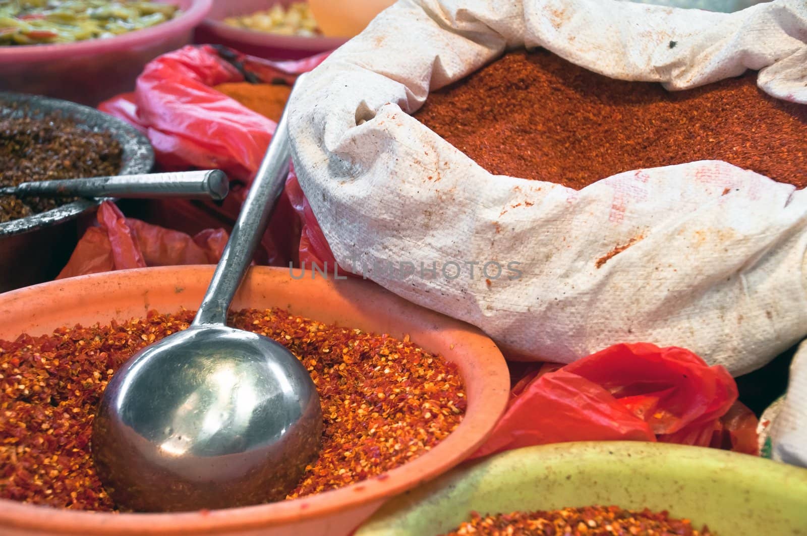 Bags of spices, pepper, in asian market in china