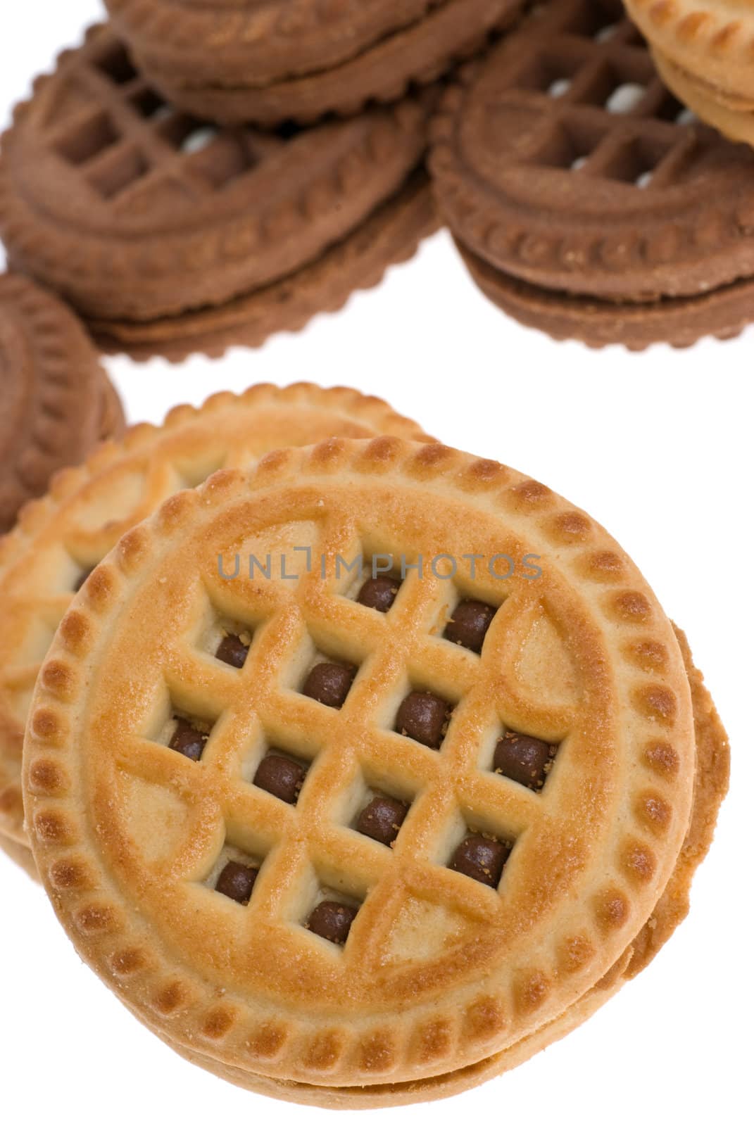 Cookies. A sweet, bakery product. Brown and white