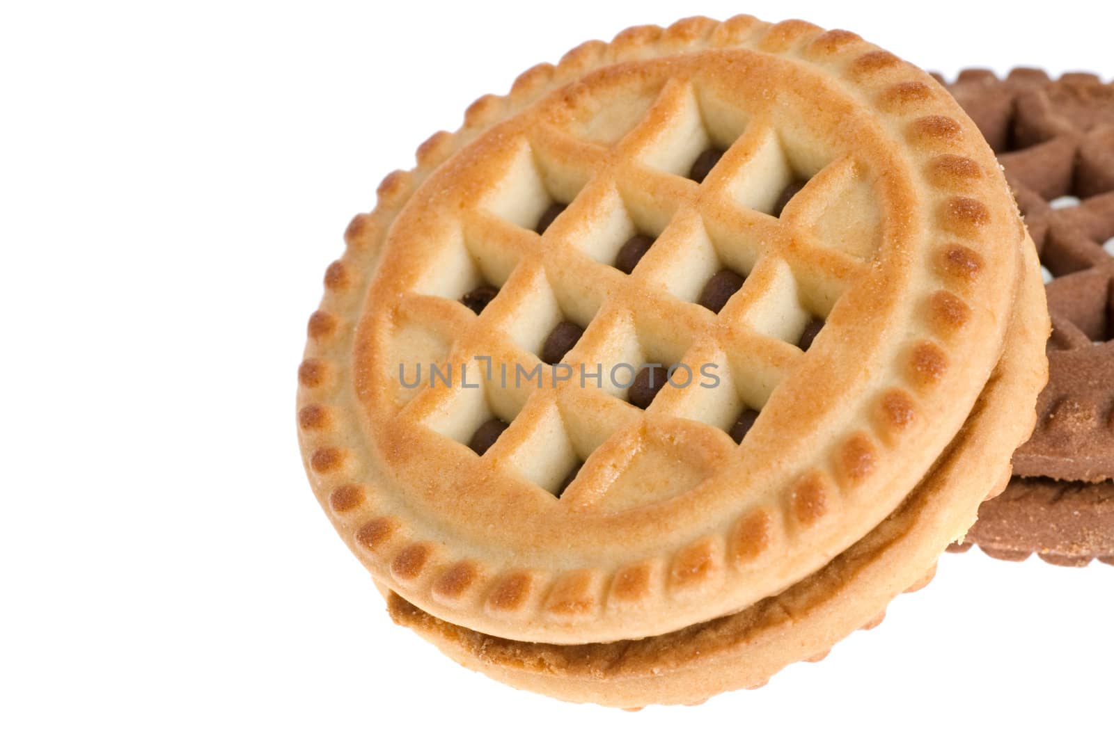 Cookies. A sweet, bakery product. Brown and white