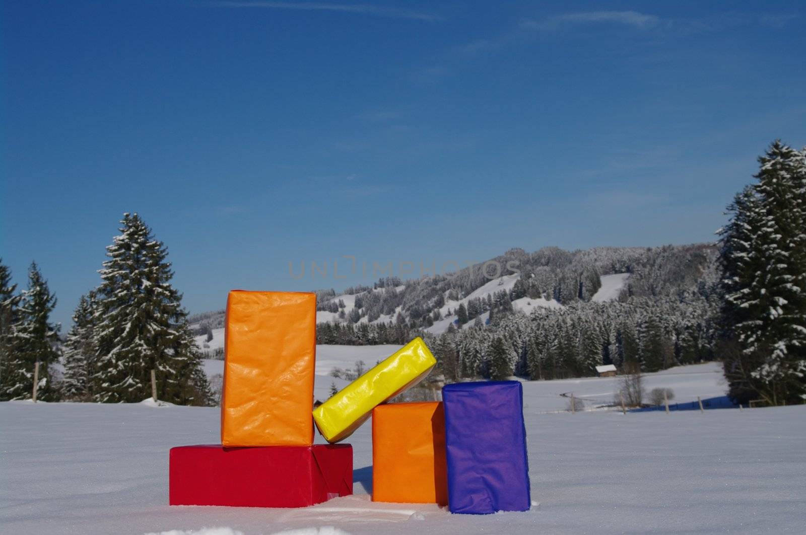 present parcels outside in a snowy landscape...