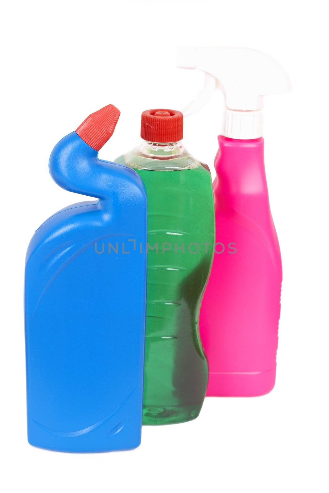 Variety of bottles with chemicals isolated on white background