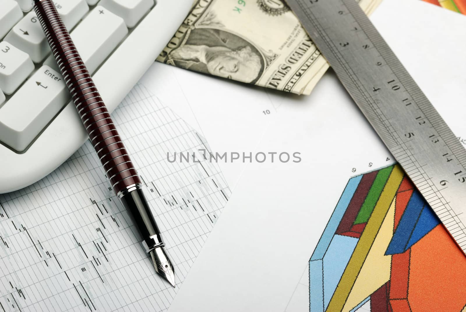 Business a theme. Diagrams from the share market, pens. Concept - exchange activity