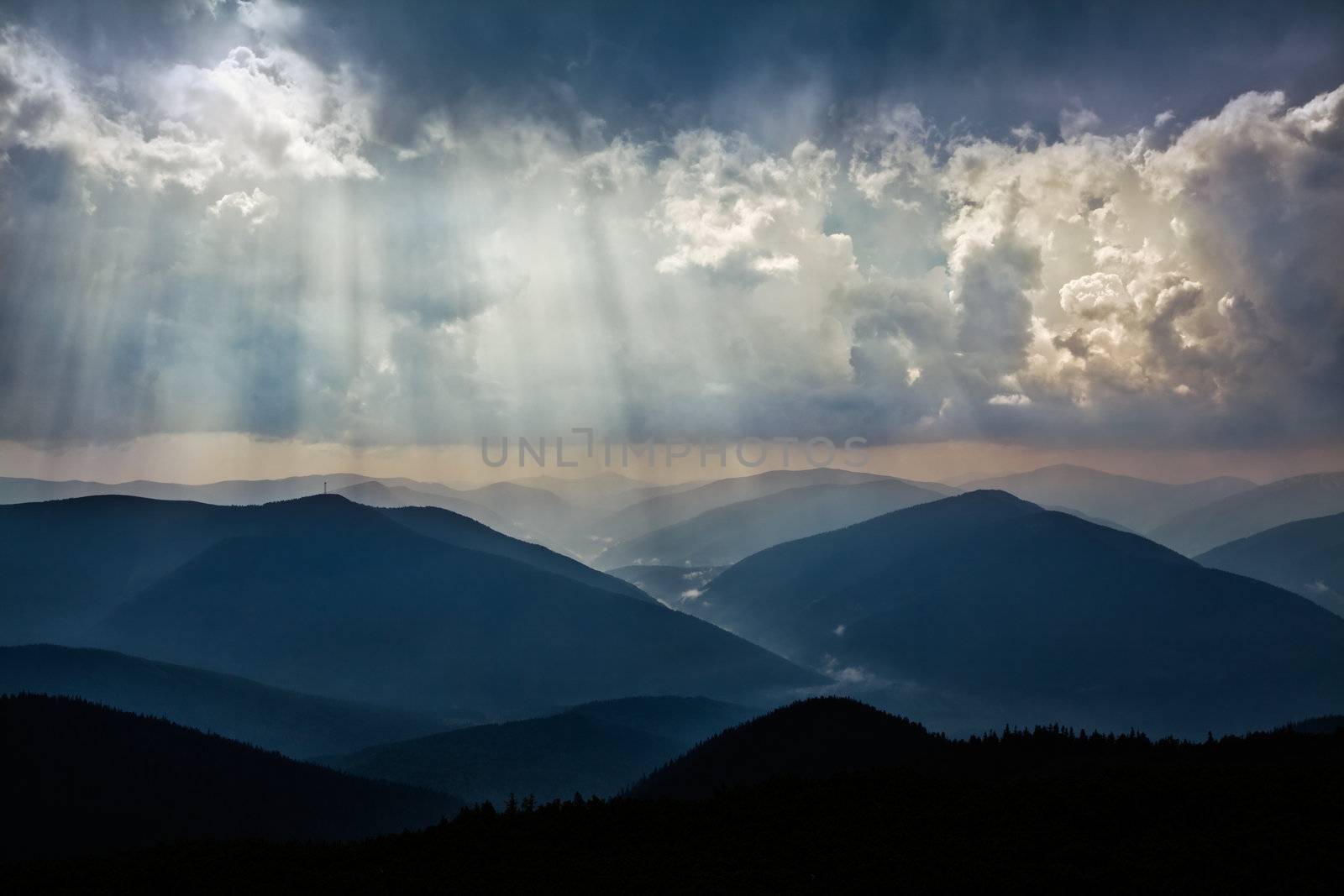 Moody evening sky upon beautiful Carpathians mountains