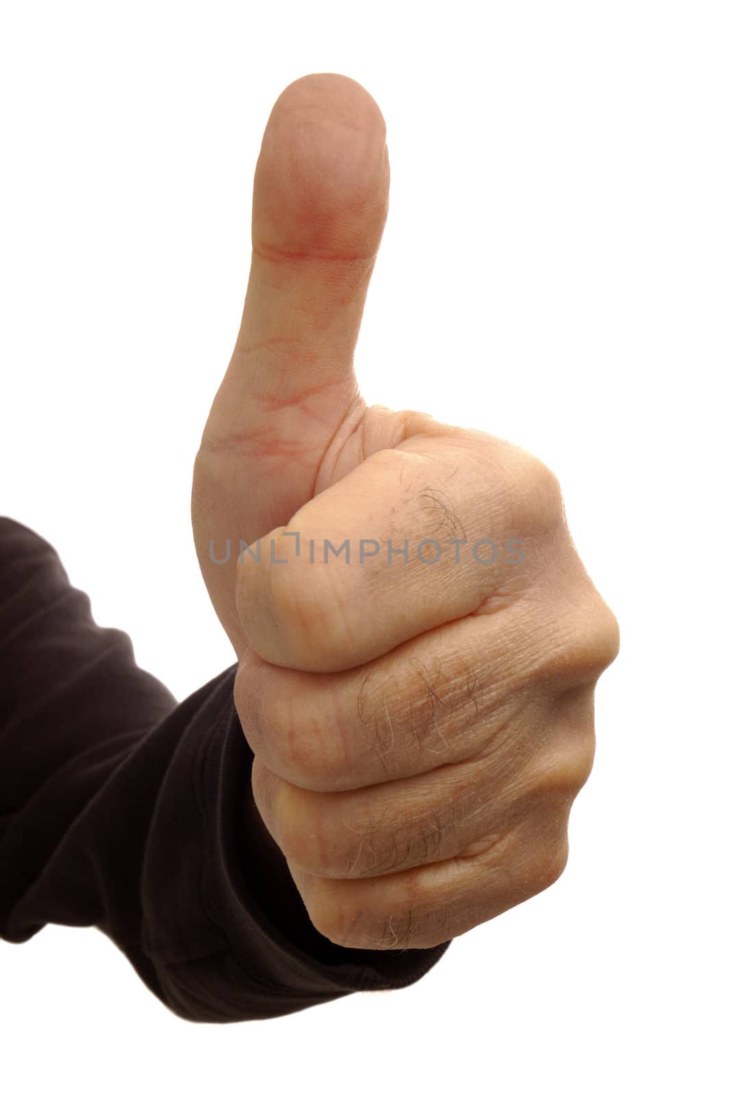 Close up of a hand giving the thumbs up sign, isolated on white.