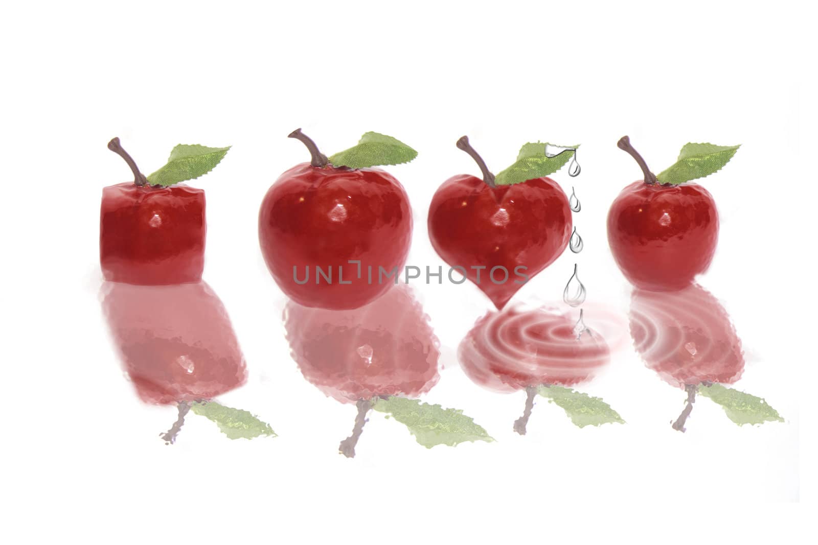 four red apples on a white background with rain drops