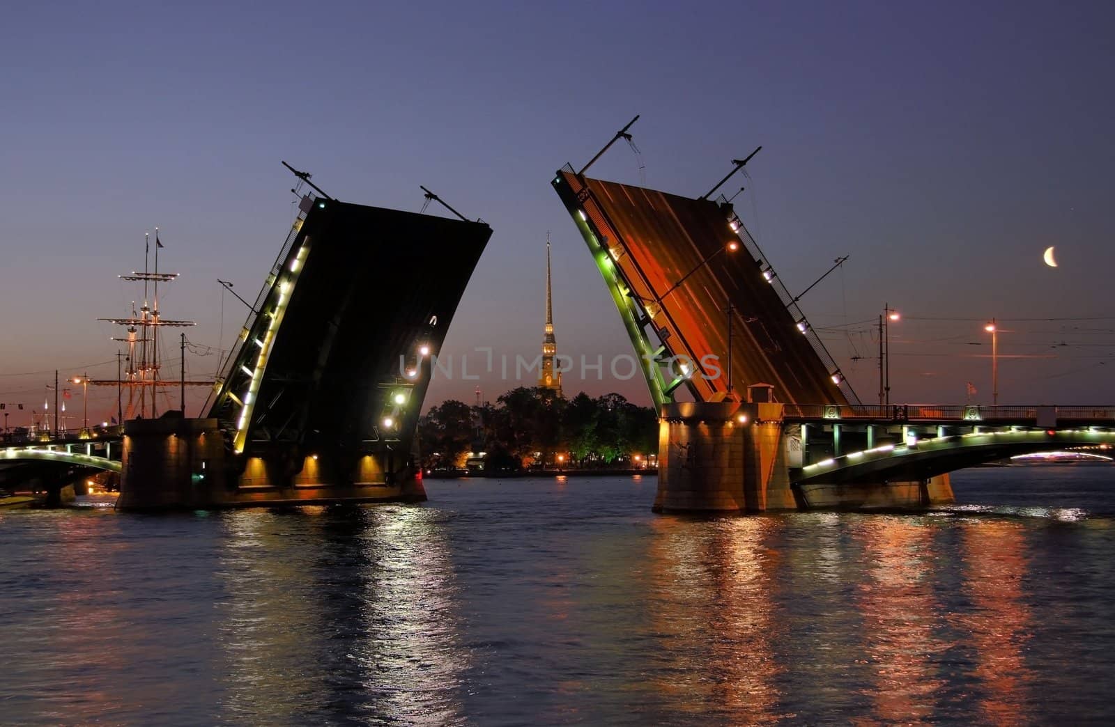 View of the Peter and Paul Fortress and open Stock Bridge. Saint-Petersburg, Russia