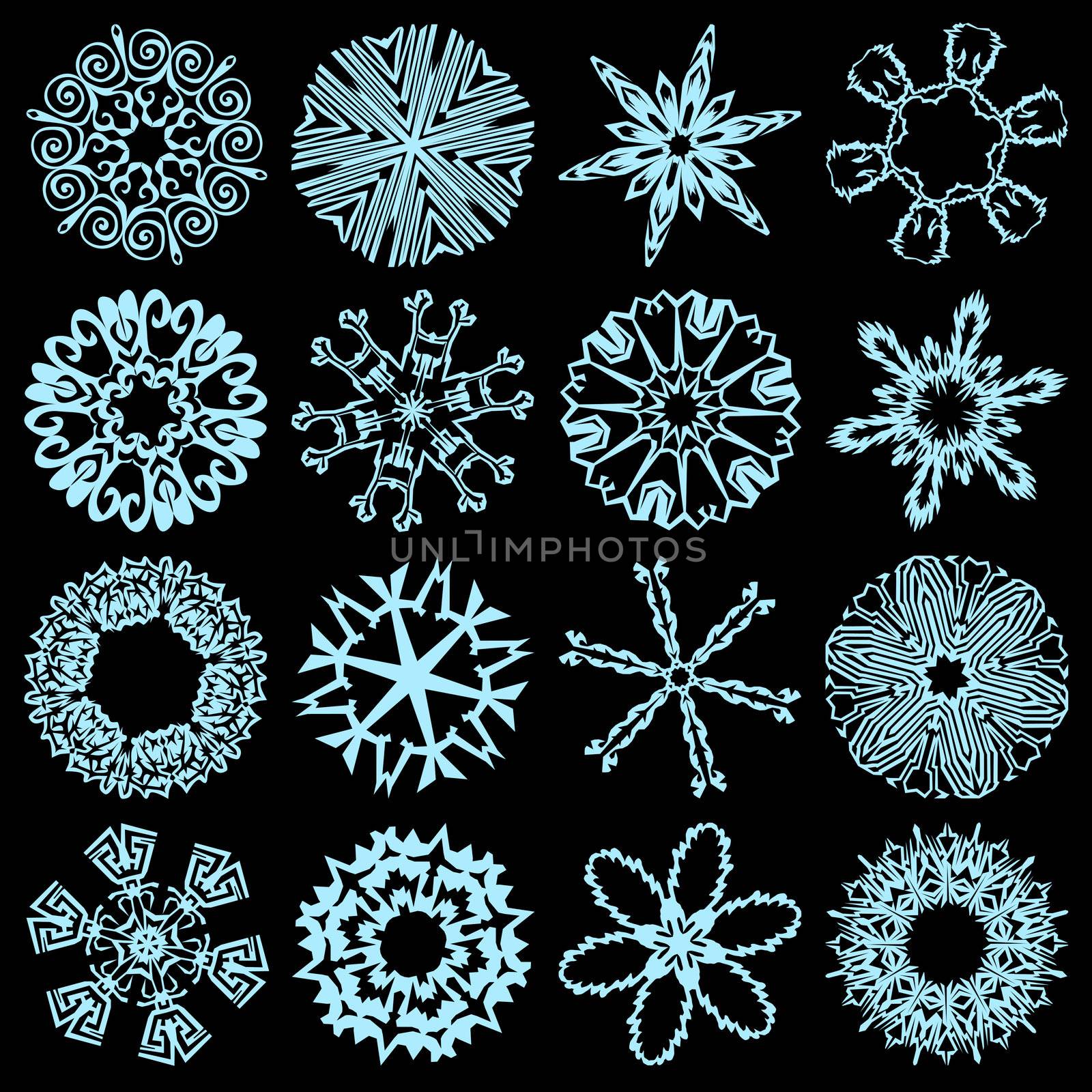 Set of simulated snowflakes (16 pieces) - on a black background