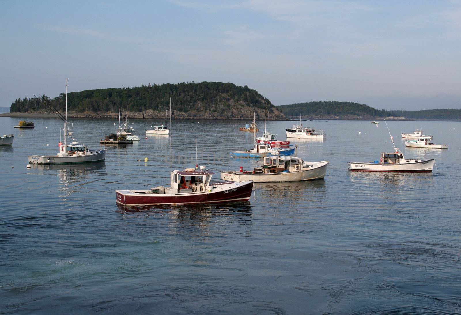 Fishing boats resting at anchor in Bar Harbor, Maine.
