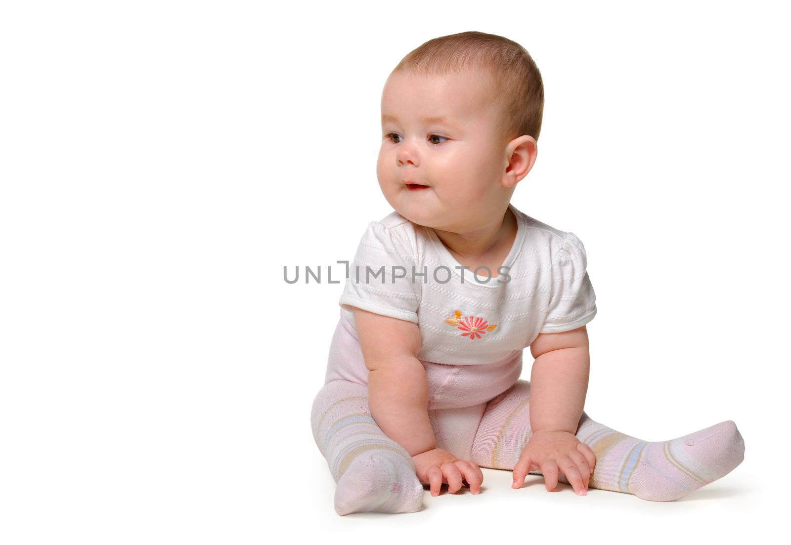 The baby. Age of 8 months. It is isolated on a white background