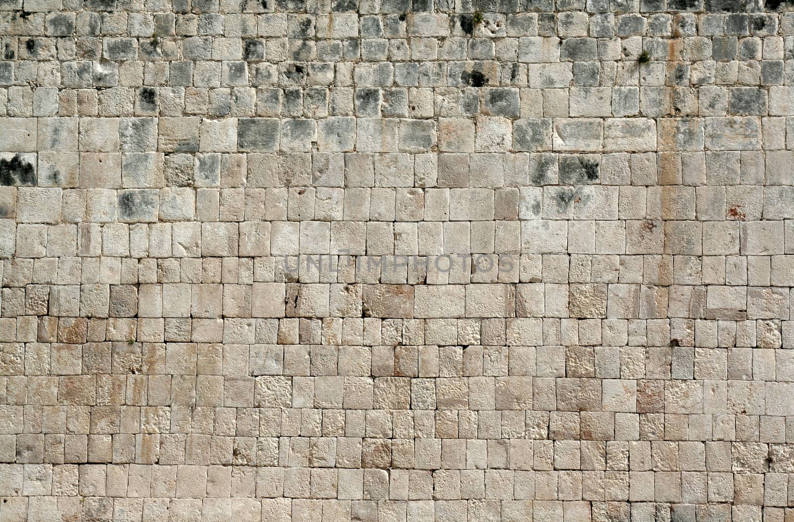 A closeup of a stone wall at Chichen Itza.
