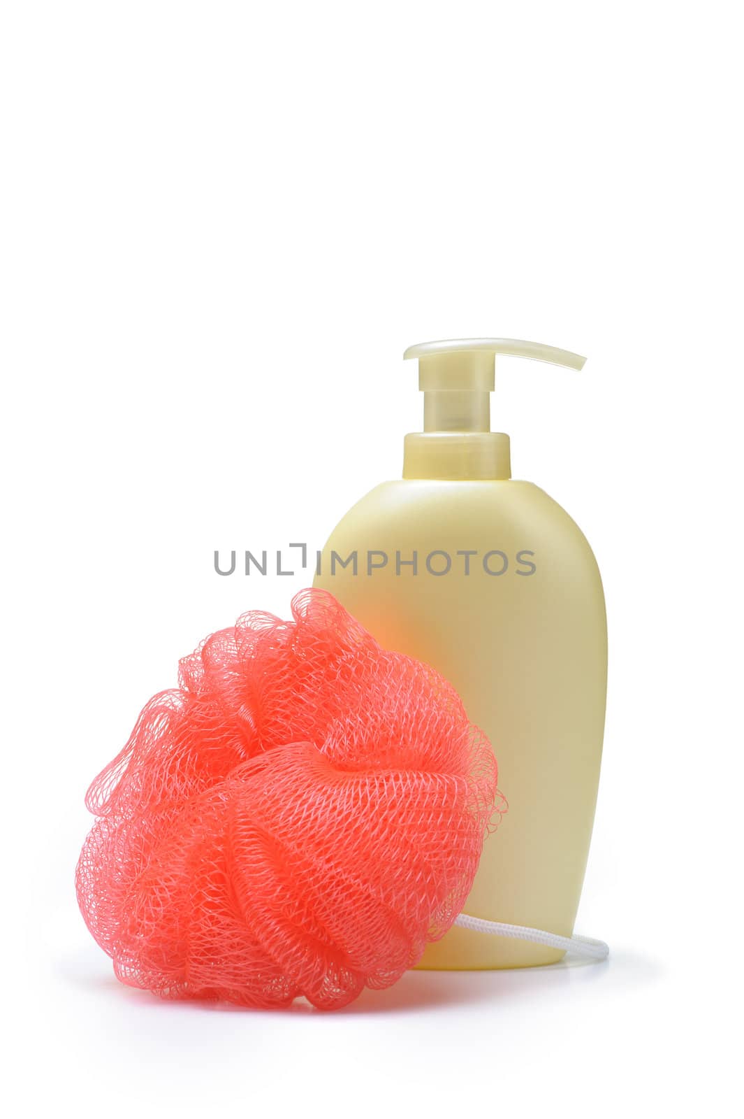 wisp and bottle of liquid soap. It is isolated on a white background