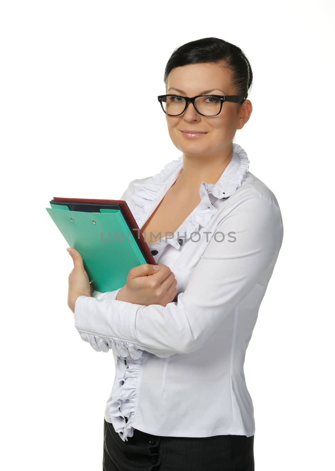 The woman with official papers. It is isolated on a white background.