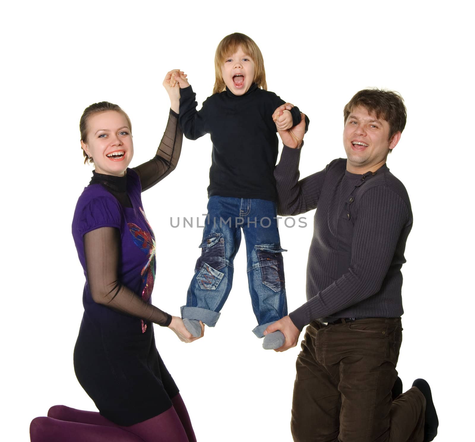 Happy family. Mum and the daddy hold the son in hands. It is isolated on a white background