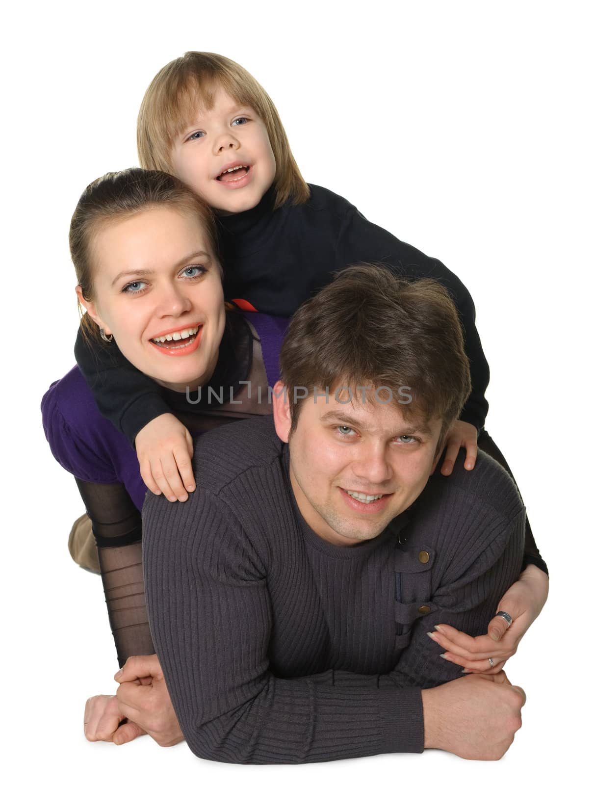Happy family mum, the daddy, the son. It is isolated on a white background