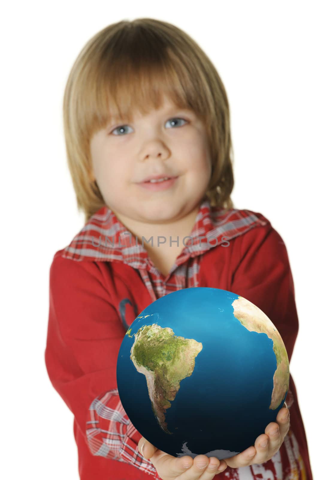 The little boy with the globe. It is isolated on a white background