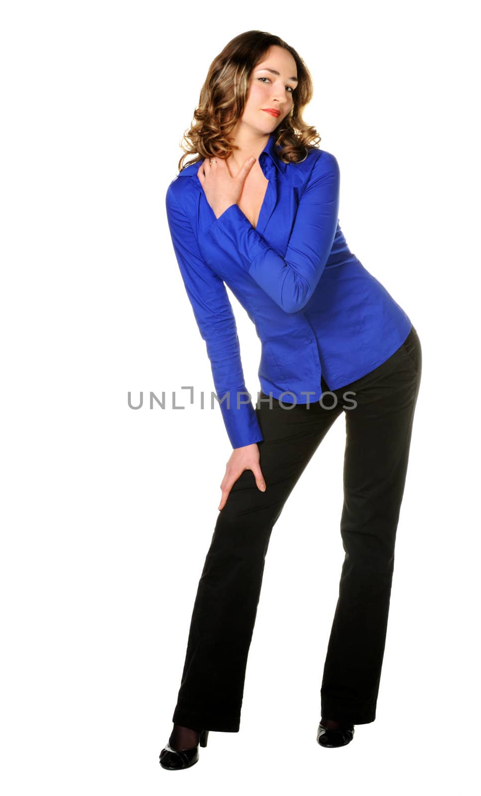 The attractive girl in trousers and dark blue shirt by galdzer