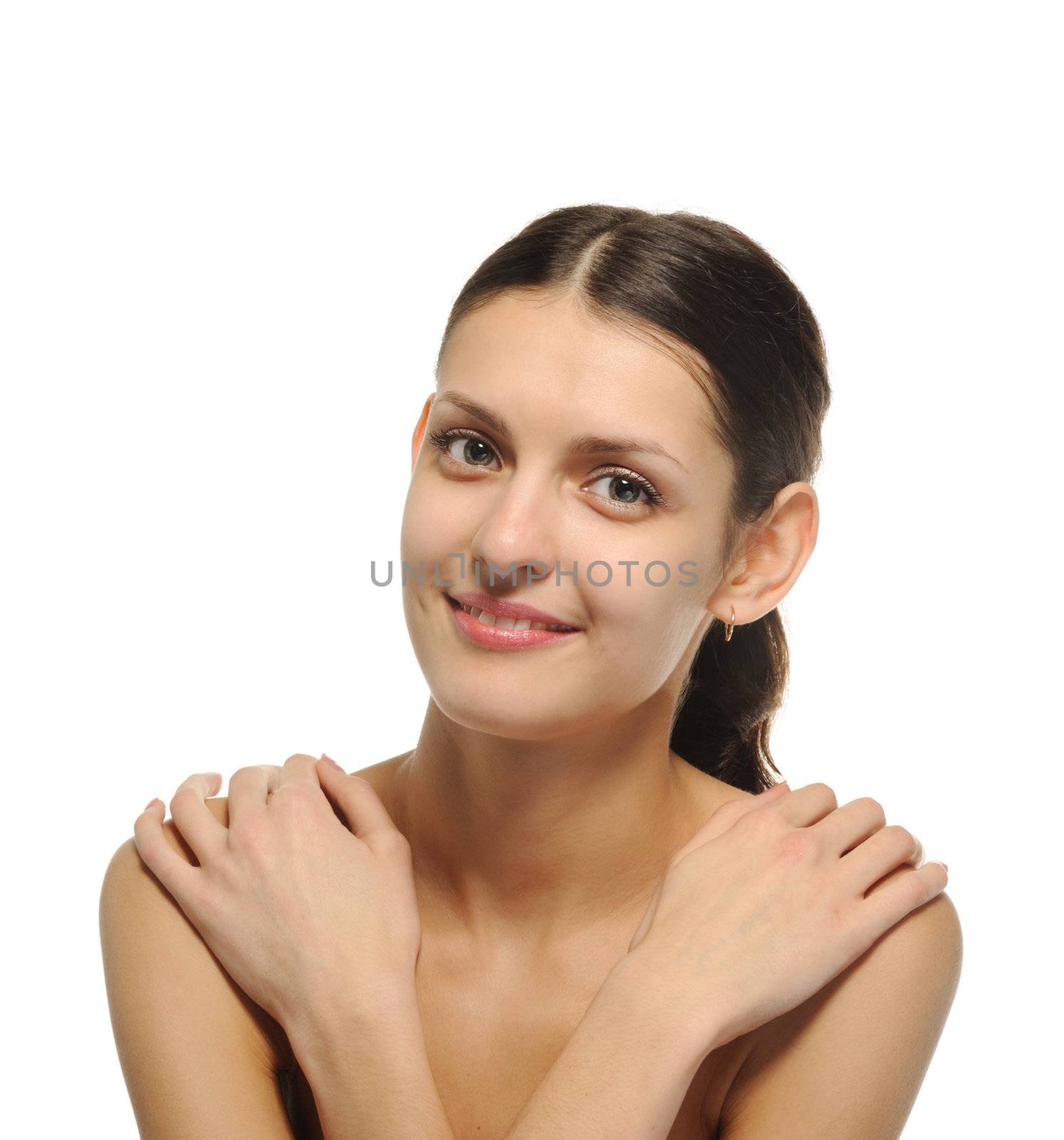 The sexual girl. A portrait closeup. It is isolated on a white background